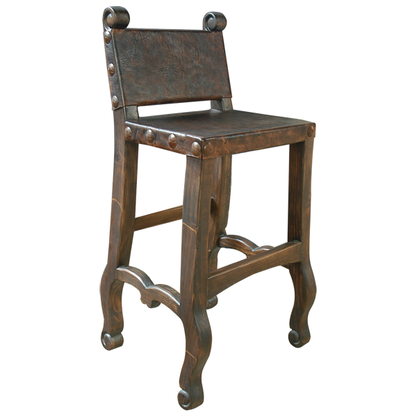 Three-quarter view of Colonial 2 bar stool with wraparound stretcher and hand forged conchos