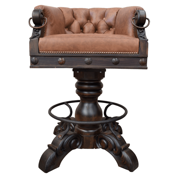 Front view of La Rocca 3 bar stool with button tufted leather and carved pedestal base
