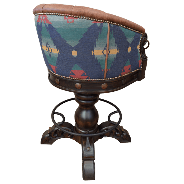 Three-quarter rear view of La Rocca 3 bar stool with tufted leather and 180-degree swivel base