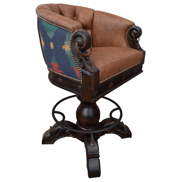 Three-quarter view of La Rocca 3 bar stool with iron rings and hand carved leaf motif