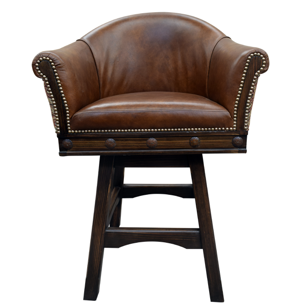 Front view of Francisca 3 bar stool with natural leather seat and decorative nail tacks