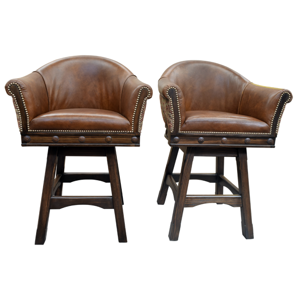 Pair of Francisca 3 bar stools with natural leather seats and patterned fabric backs