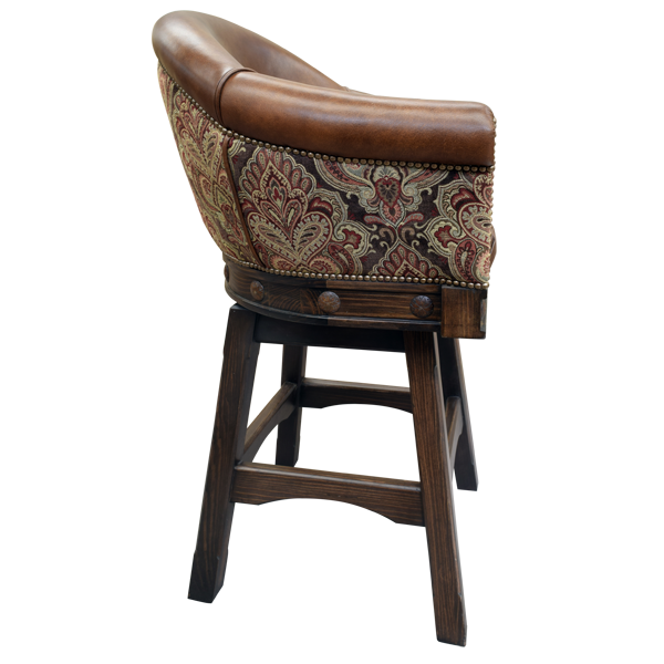 Side view of Francisca 3 bar stool with leather armrest and patterned fabric backrest