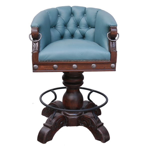 Front view of La Rocca 4 bar stool with button tufted blue leather and trumpet pedestal base