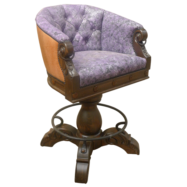 Three-quarter view of La Rocca 5 bar stool with lavender patterned leather and beige backrest