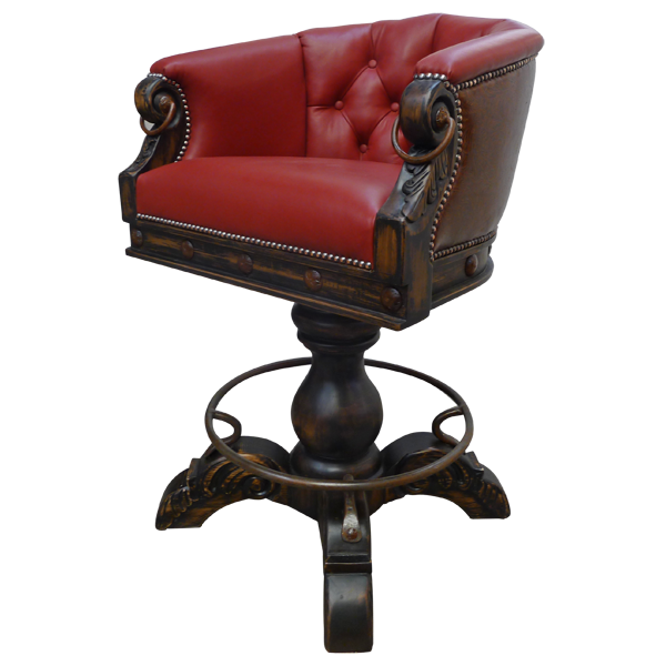 Three-quarter view of La Rocca 6 bar stool with iron ring details and circular footrest