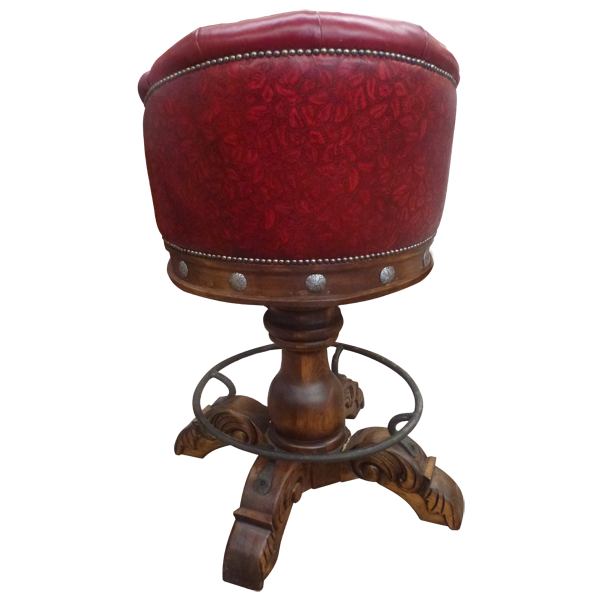 Back view of La Rocca 7 bar stool with red leather backrest and trumpet pedestal