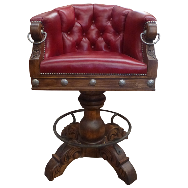 Front view of La Rocca 7 bar stool with red leather seat and colonial leaf motif armrests