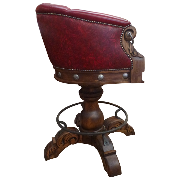 Side view of La Rocca 7 bar stool with iron conchos and circular footrest