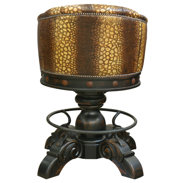 Back view of La Rocca 8 bar stool with vertically striped leather backrest and iron conchos
