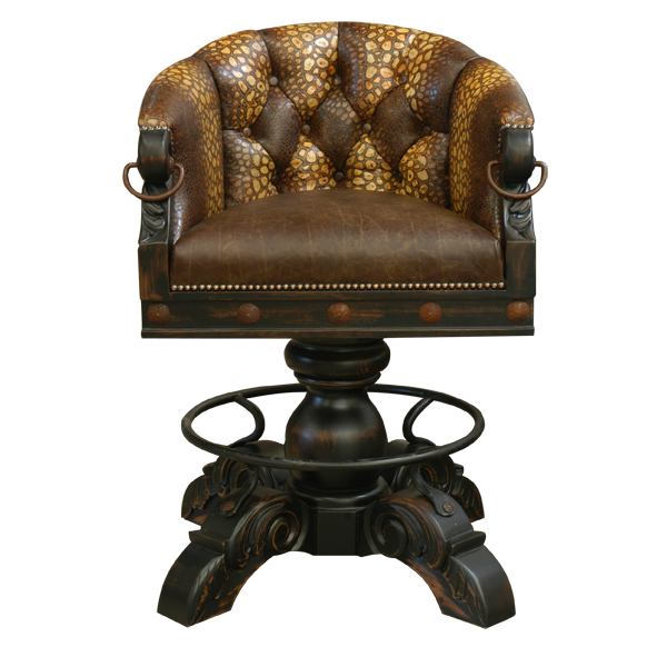 Front view of La Rocca 8 bar stool with alternating gold and brown vertical leather stripes and button tufted seatback