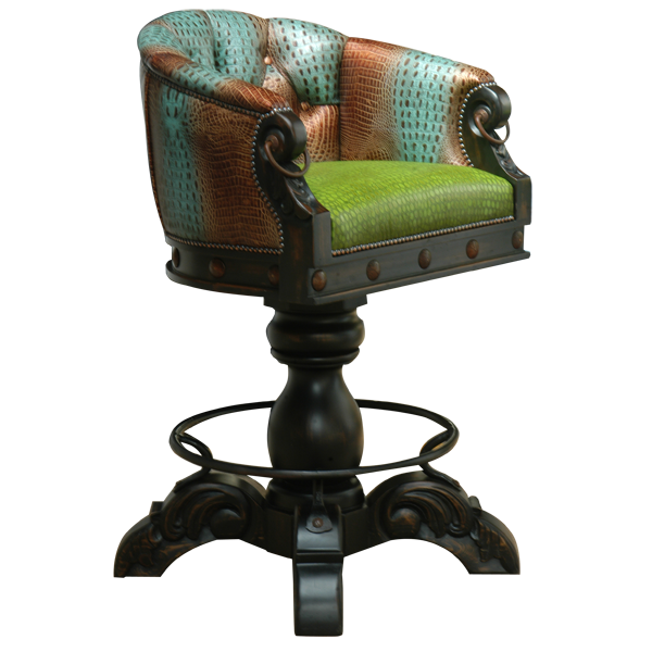 Three-quarter view of La Rocca 9 bar stool with embossed leather and carved armrests with iron rings