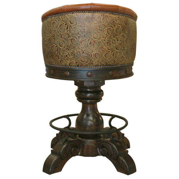 Back view of La Rocca 10 bar stool with ornate brown embossed leather backrest and wooden base