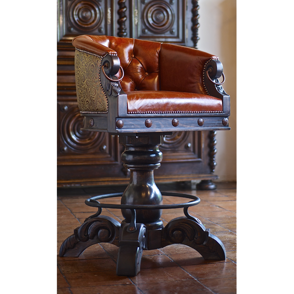 Three-quarter view of La Rocca 10 bar stool with red tufted leather seat and brown embossed backrest