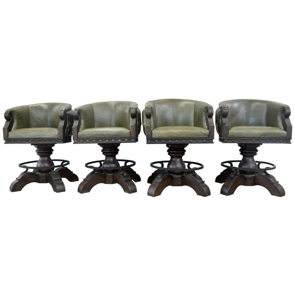 Set of four La Rocca 11 bar stools with green leather and carved wood bases