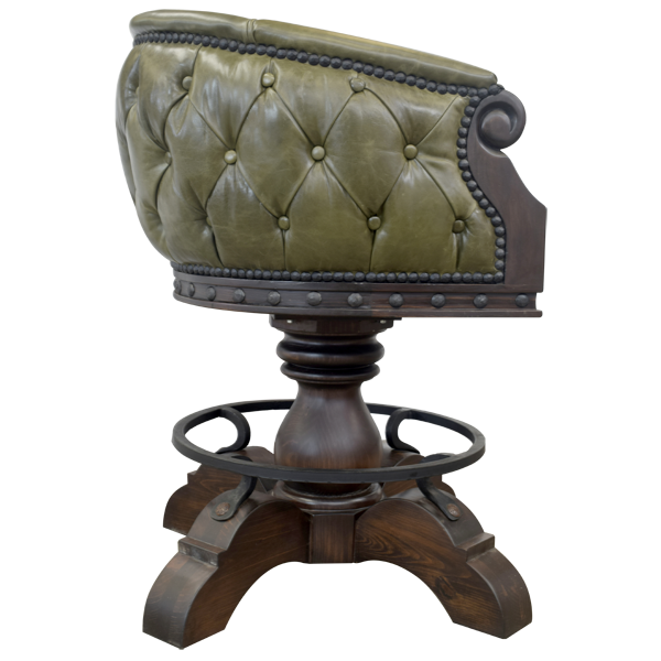 Side view of La Rocca 11 bar stool with green leather profile and circular iron footrest