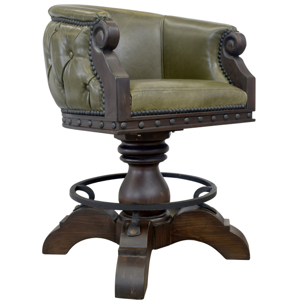 Three-quarter view of La Rocca 11 bar stool with green leather and carved armrest details