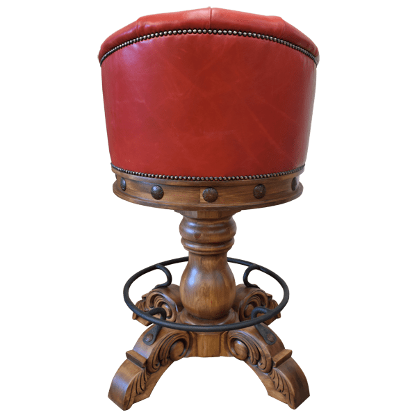 Back view of La Rocca 12 bar stool with red leather backrest and solid wood base