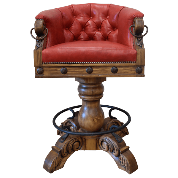 Front view of La Rocca 12 bar stool with red leather seat and button tufted backrest