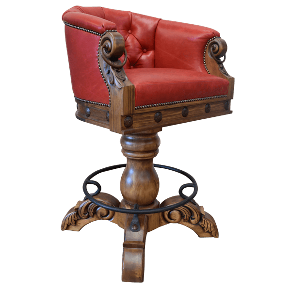 Three-quarter view of La Rocca 12 bar stool with red leather and iron ring armrest detail