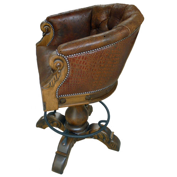 Side view of La Rocca Vaquero bar stool showing snakeskin patterned leather backrest and carved wood base