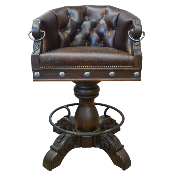 Front view of La Rocca Colonial 2 bar stool with mahogany leather, button tufted seatback, and silver conchos