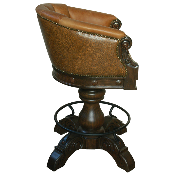 Side view of La Rocca Colonial 3 bar stool showing carved armrest, iron ring, and wood pedestal base