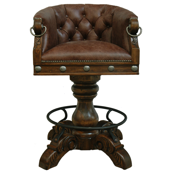 Front view of La Rocca Colonial 4 bar stool with dark mahogany leather, button tufted seatback, and silver conchos