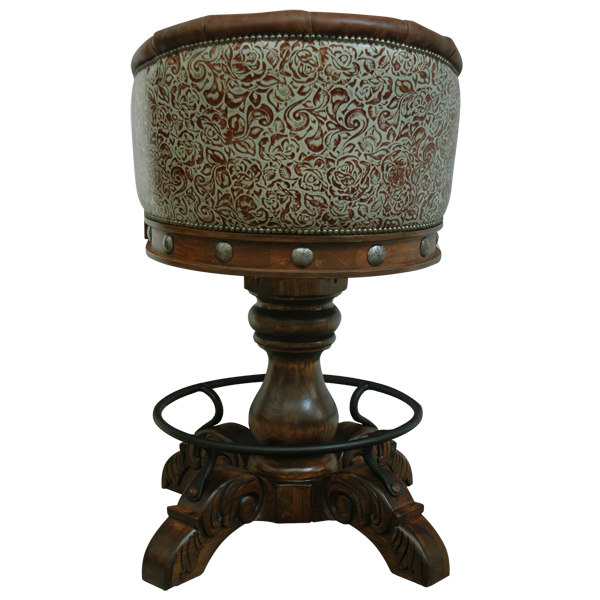 Rear view of La Rocca Colonial 4 bar stool with embossed leather backrest, silver conchos, and iron ring accents