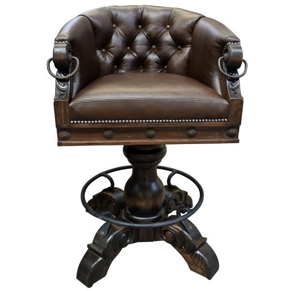 Front view of La Rocca Colonial 5 bar stool with mahogany leather, button tufted seatback, and floral embossed reverse
