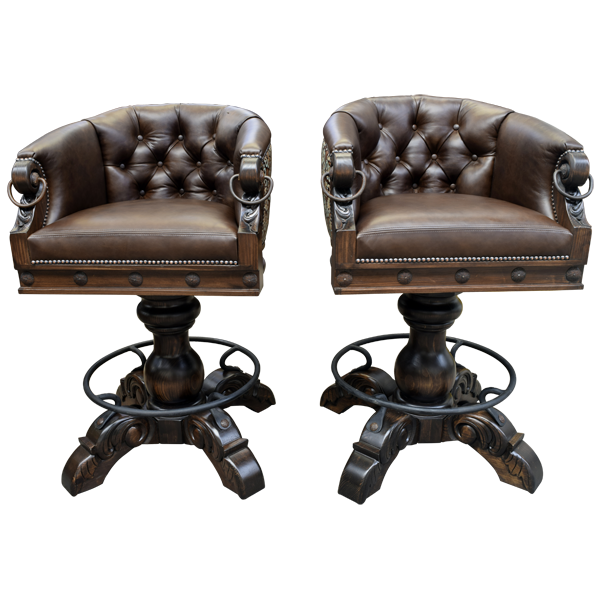 Pair of La Rocca Colonial 5 bar stools showing front and back views with floral embossed leather and mahogany upholstery