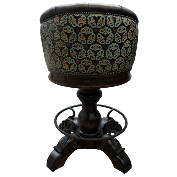 Rear view of La Rocca Colonial 5 bar stool with floral embossed leather backrest in turquoise, black, and red