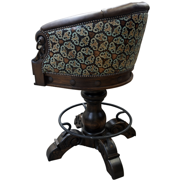 Side view of La Rocca Colonial 5 bar stool with carved armrest, iron ring, and turned wood pedestal