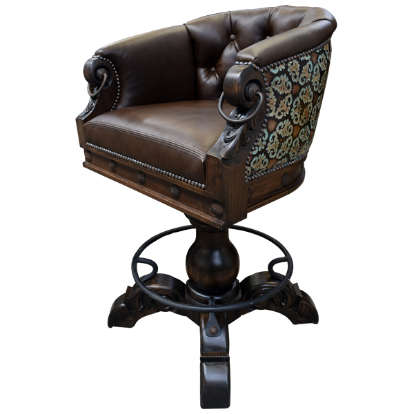 Three-quarter view of La Rocca Colonial 5 bar stool showing smooth leather front and floral embossed leather back