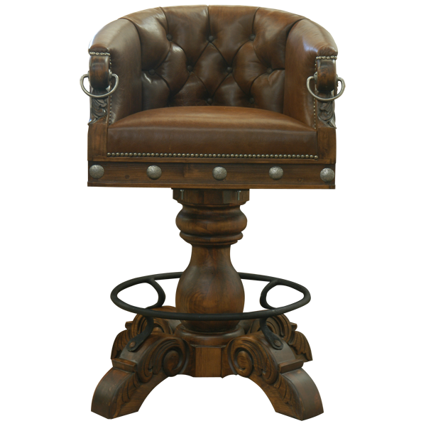 Front view of La Rocca Colonial 6 bar stool with rich brown leather seat, button tufted dark chocolate seatback, and silver conchos