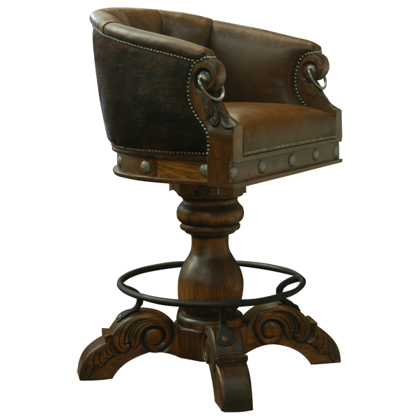 Three-quarter view of La Rocca Colonial 6 bar stool showing smooth brown leather seat and dark chocolate seatback with iron ring accents