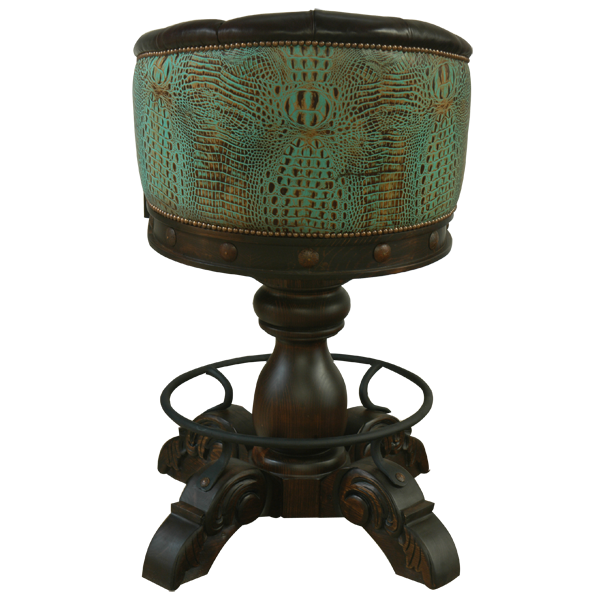 Rear view of La Rocca Colonial 7 bar stool with turquoise embossed leather backrest and iron accents
