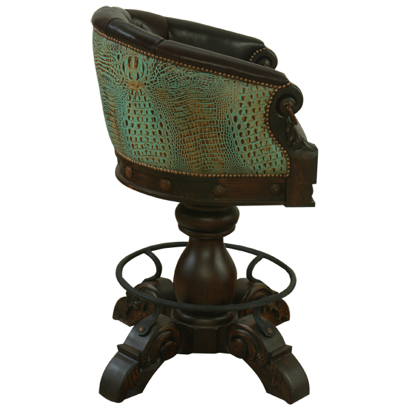Side view of La Rocca Colonial 7 bar stool with carved armrest, iron ring, and wood pedestal base