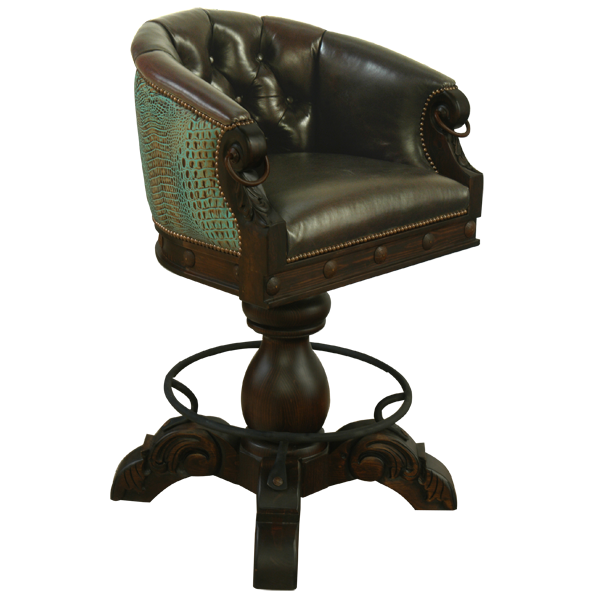 Three-quarter view of La Rocca Colonial 7 bar stool showing chocolate leather front and turquoise embossed leather back