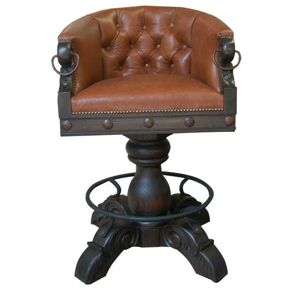 Front view of La Rocca Colonial 8 bar stool with brown leather seat and button tufted backrest
