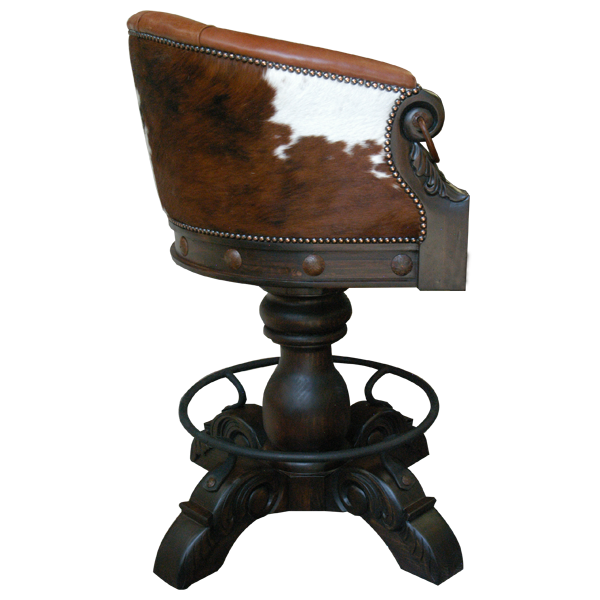 Side view of La Rocca Colonial 8 bar stool with carved armrest, iron ring, and wood pedestal base