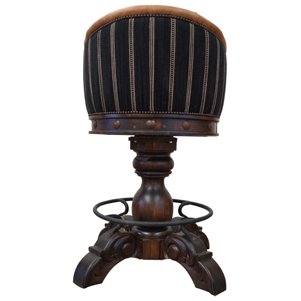 Rear view of La Rocca Colonial 10 bar stool with patterned fabric upholstery and iron conchos