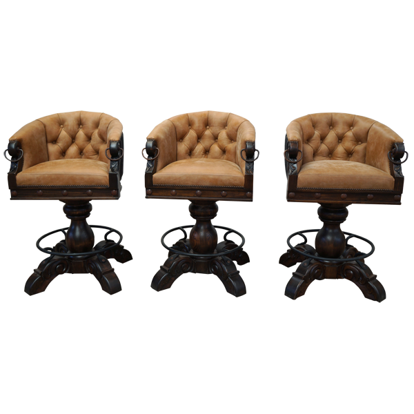 Group view of three La Rocca Colonial 10 bar stools with brown leather and patterned fabric upholstery