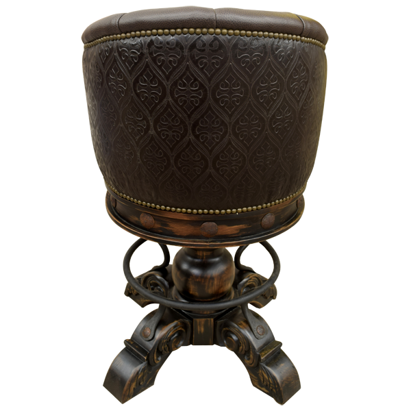 Rear view of La Rocca Colonial 12 bar stool with embossed leather backrest and iron conchos