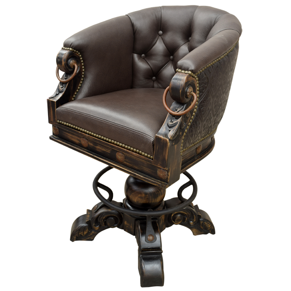Elevated three-quarter view of La Rocca Colonial 12 bar stool with button tufted seat and carved wood base