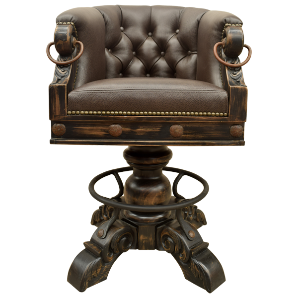 Front view of La Rocca Colonial 12 bar stool with dark chocolate leather and button tufted seatback