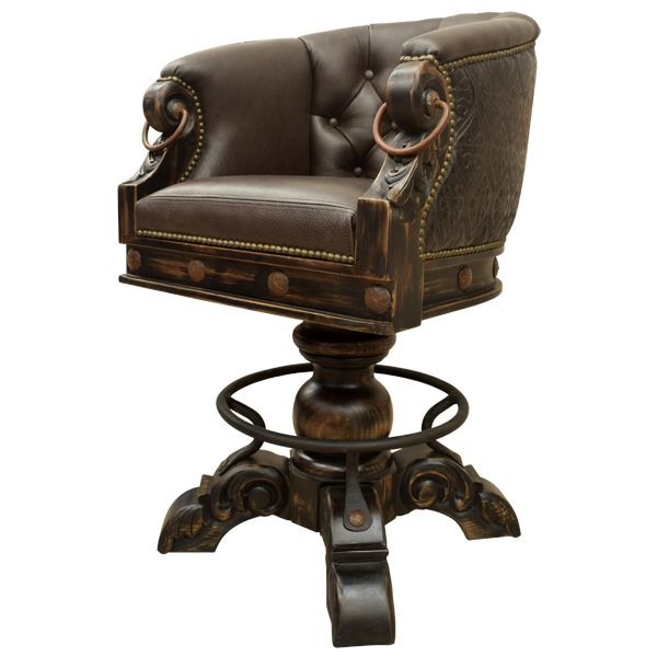 Three-quarter view of La Rocca Colonial 12 bar stool showing smooth leather front and embossed leather backrest