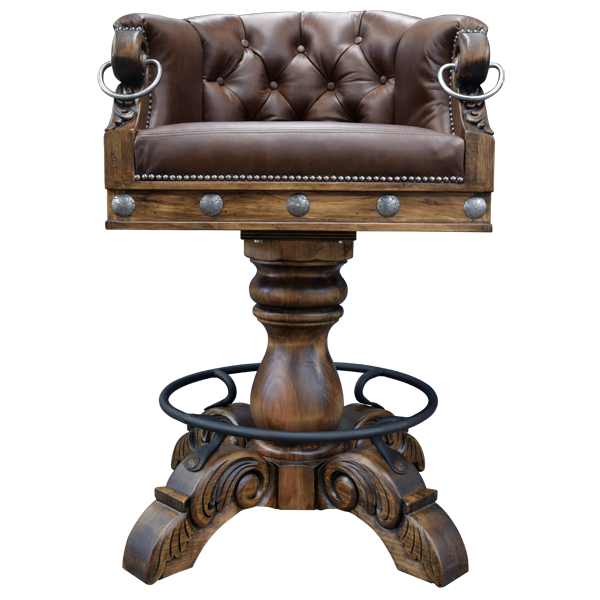Front view of La Rocca Colonial 13 bar stool with chocolate leather and button tufted seatback