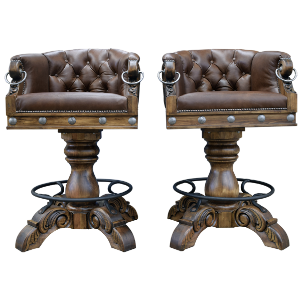 Set of two La Rocca Colonial 13 bar stools with leather seats and cowhide backrests
