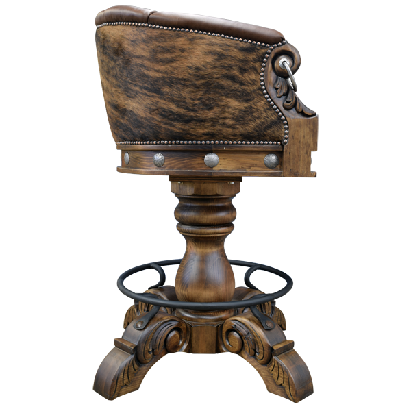 Side view of La Rocca Colonial 13 bar stool with cowhide backrest and carved wood pedestal